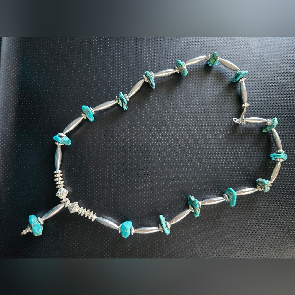 Turquoise and Silver Beaded Necklace With Matching Bracelet
